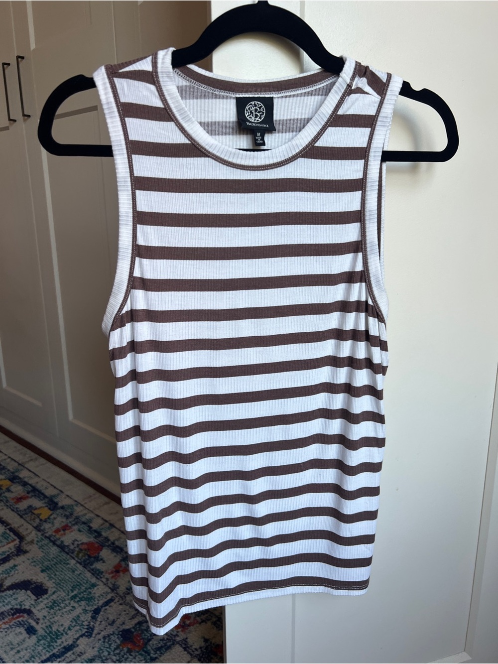 Bobeau Brown White Striped Ribbed Knit High Neck Tank Top Medium Rayon Stretch